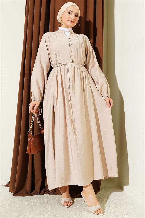 Half-Brit Buttoned Ribbed Dress, Beige