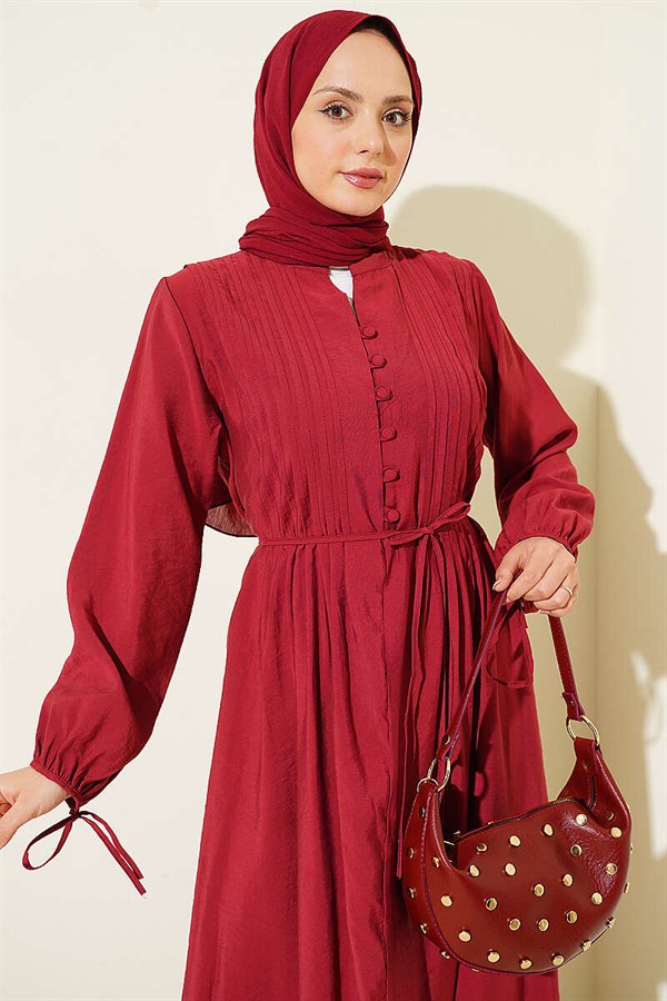 Half-Brit Buttoned Ribbed Dress, Burgundy