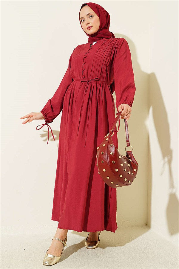 Half-Brit Buttoned Ribbed Dress, Burgundy