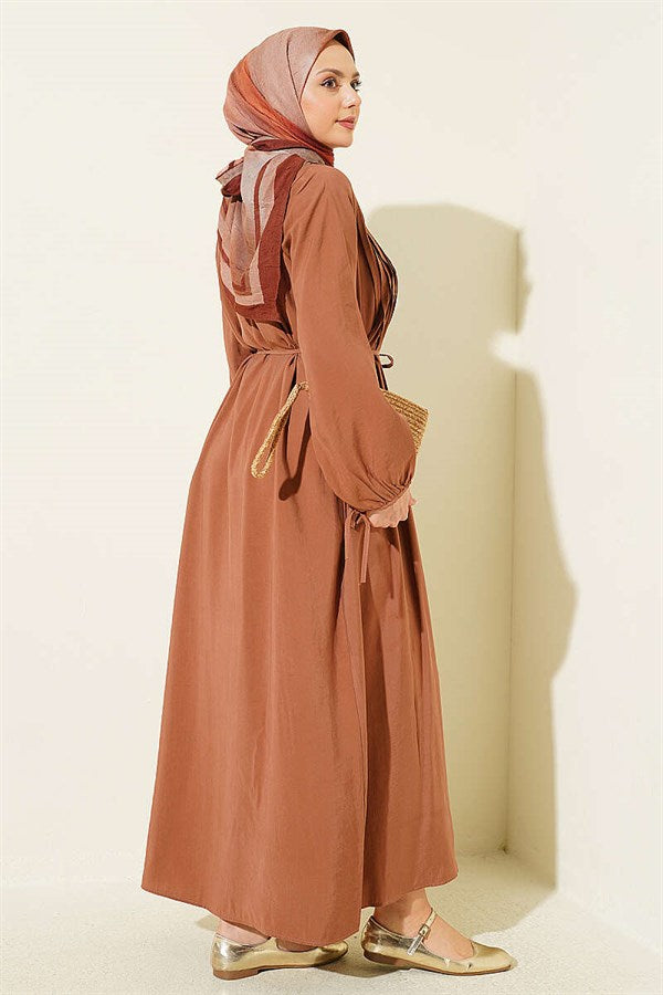 Half-Brit Buttoned Ribbed Dress, Tan