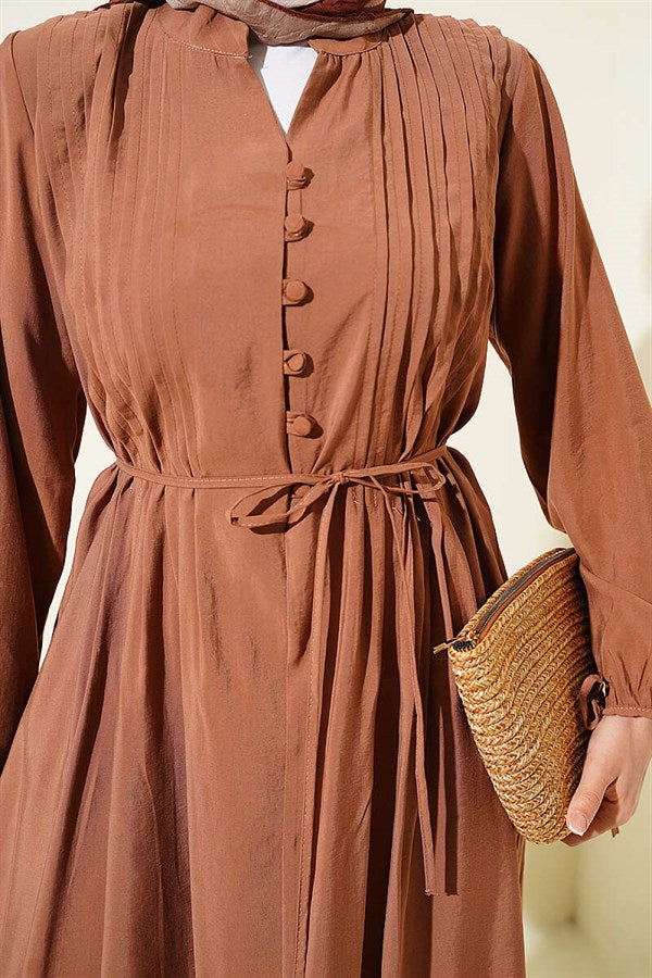 Half-Brit Buttoned Ribbed Dress, Tan