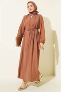 Half-Brit Buttoned Ribbed Dress, Tan