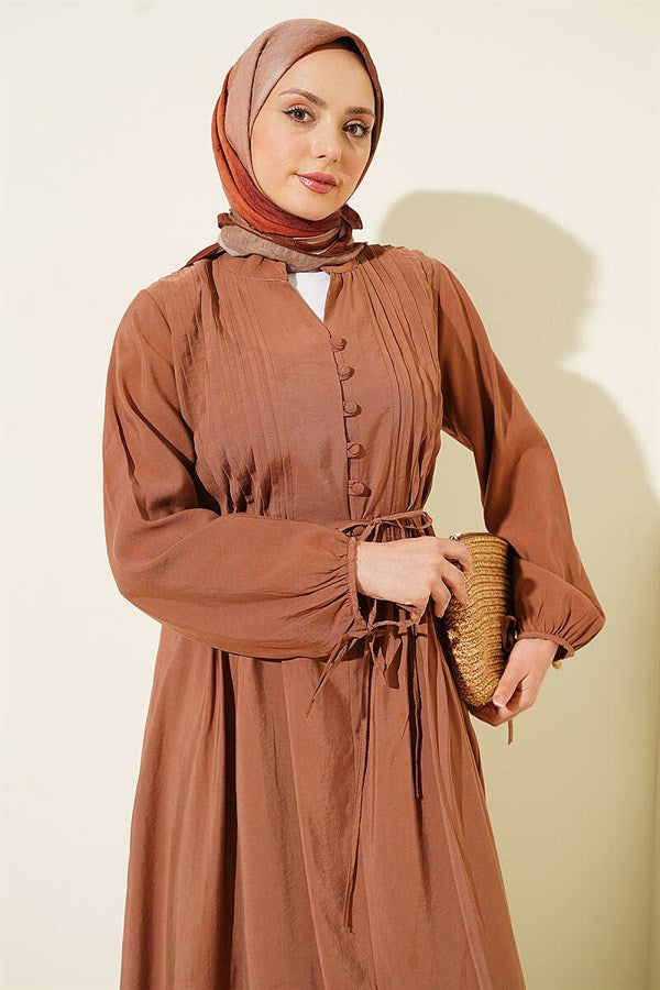 Half-Brit Buttoned Ribbed Dress, Tan