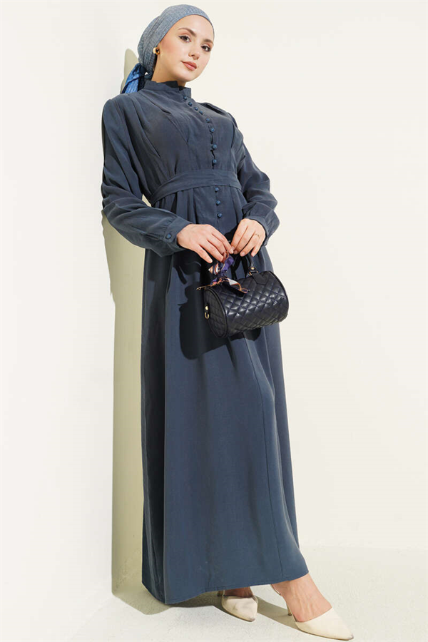 Half British Button-Dressed Tencel Dress in Petrol