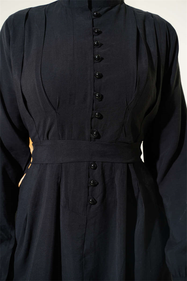 Half-Brit Button-Dorled Tencel Dress, Black