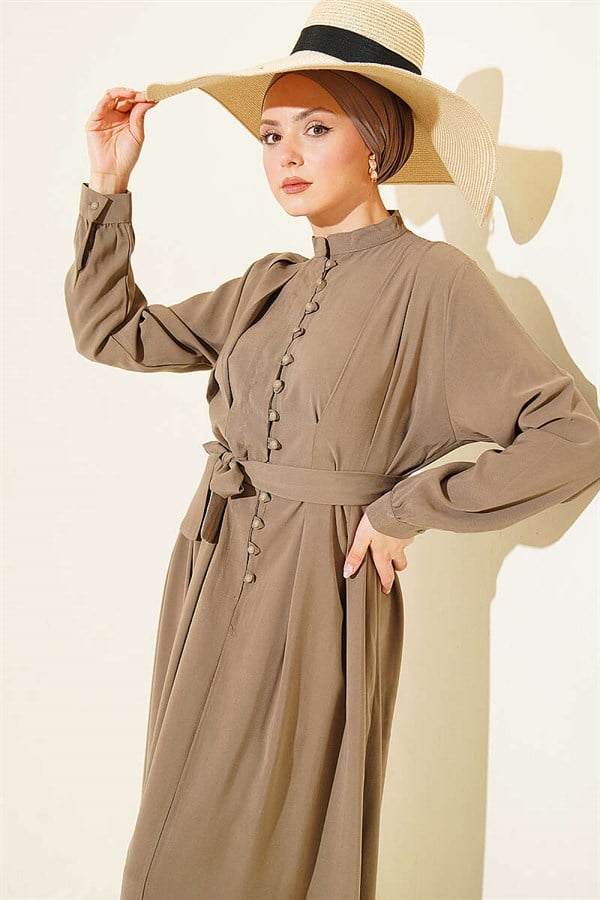 Half-Brit Button-Dart Tencel Dress, Navy Blue