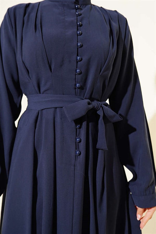 Half-Brit Button-Dorled Tencel Dress, Navy Blue