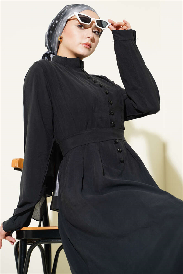 Half-Brit Button-Dorled Tencel Dress, Black