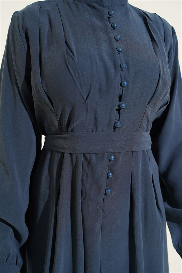 Half British Button-Dressed Tencel Dress in Petrol