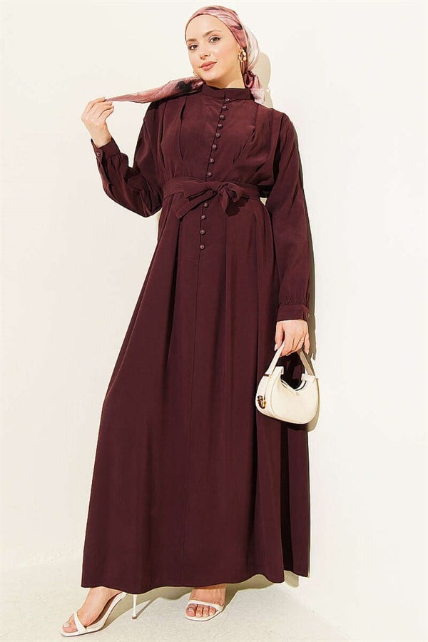 Half-Brit Button-Dart Tencel Dress, Plum