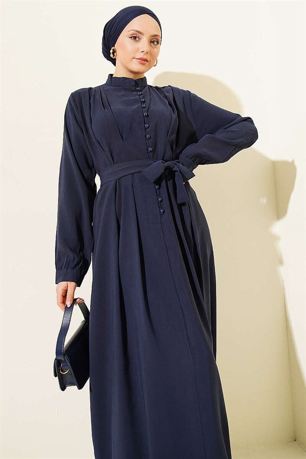Half-Brit Button-Dorled Tencel Dress, Navy Blue