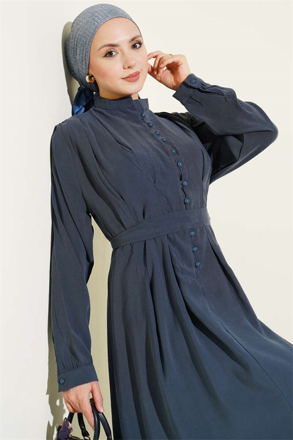 Half British Button-Dressed Tencel Dress in Petrol