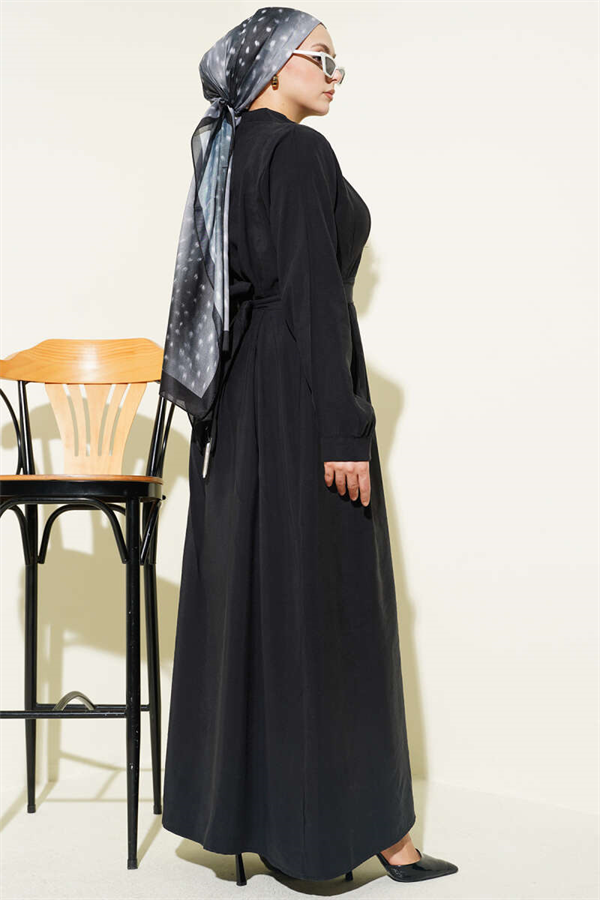 Half-Brit Button-Dorled Tencel Dress, Black