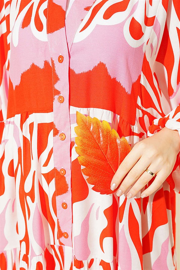 Half-Button Asymmetrical Patterned Dress Alizarin