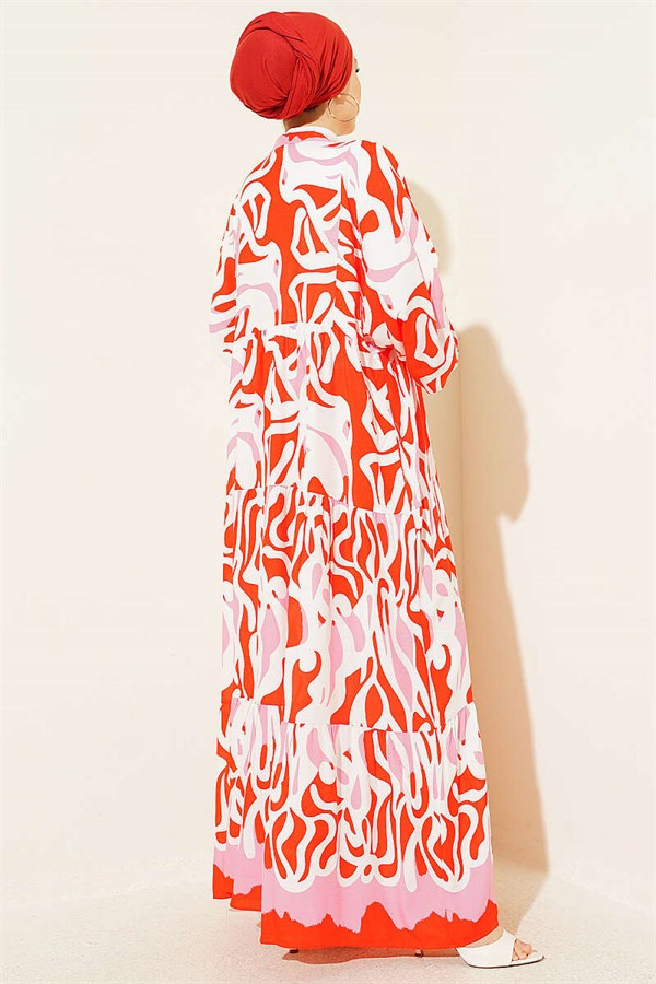 Half-Button Asymmetrical Patterned Dress Alizarin