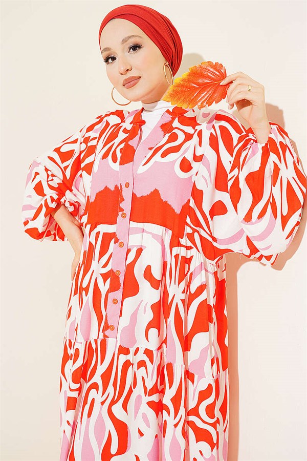 Half-Button Asymmetrical Patterned Dress Alizarin