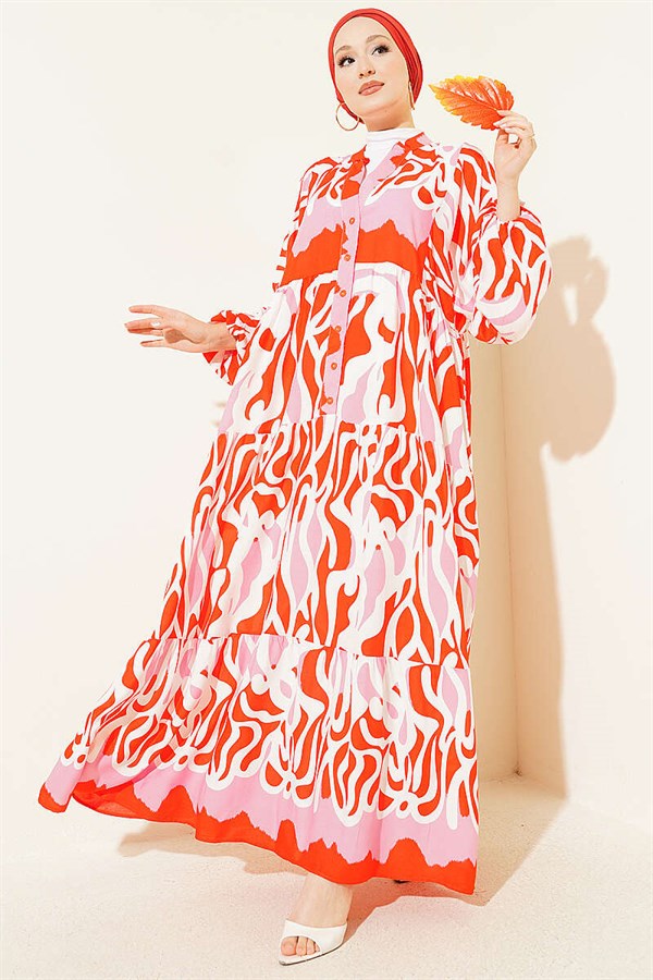 Half-Button Asymmetrical Patterned Dress Alizarin
