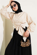 Half Buttoned Tie Short Shirt Beige
