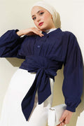 Half Buttoned Tie Short Shirt Navy Blue