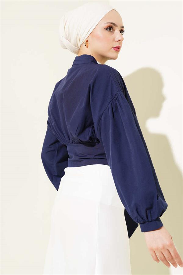 Half Buttoned Tie Short Shirt Navy Blue