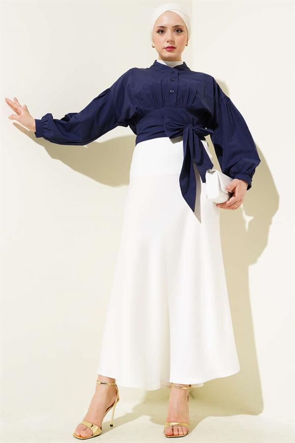 Half Buttoned Tie Short Shirt Navy Blue