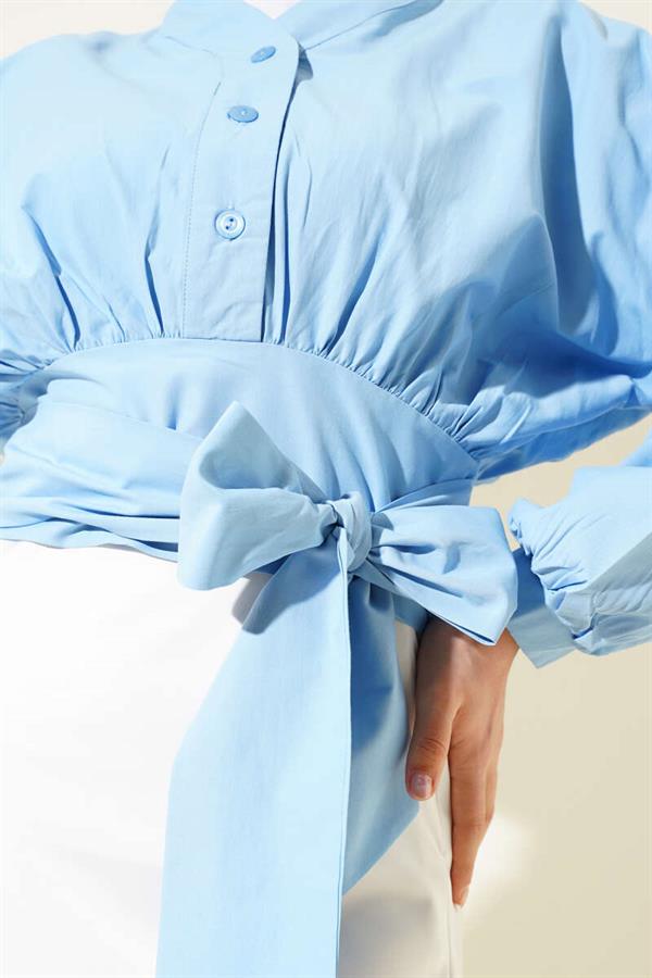 Half Buttoned Tie Short Shirt Blue