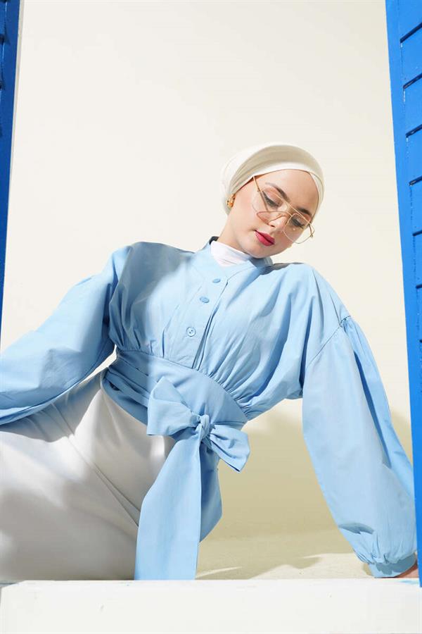 Half Buttoned Tie Short Shirt Blue