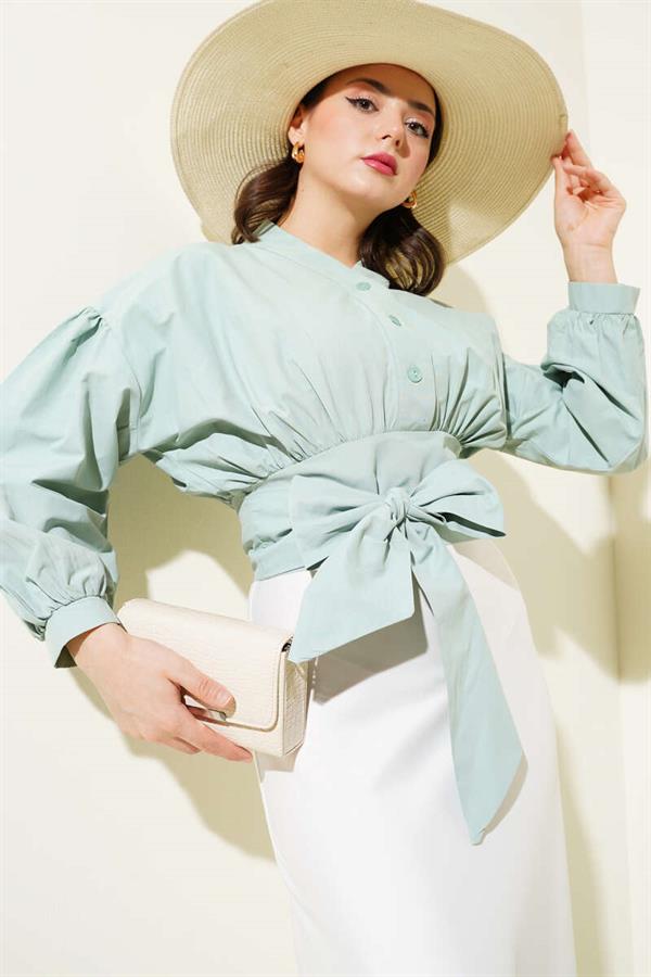 Half Buttoned Tie Short Shirt Mint