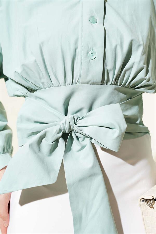 Half Buttoned Tie Short Shirt Mint