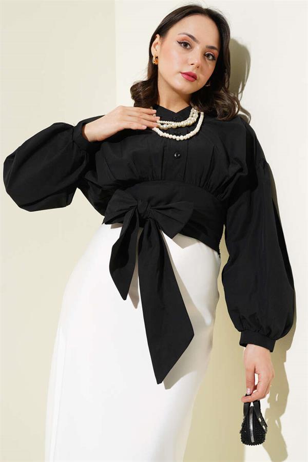 Half Buttoned Tie Short Shirt Black