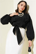 Half Buttoned Tie Short Shirt Black