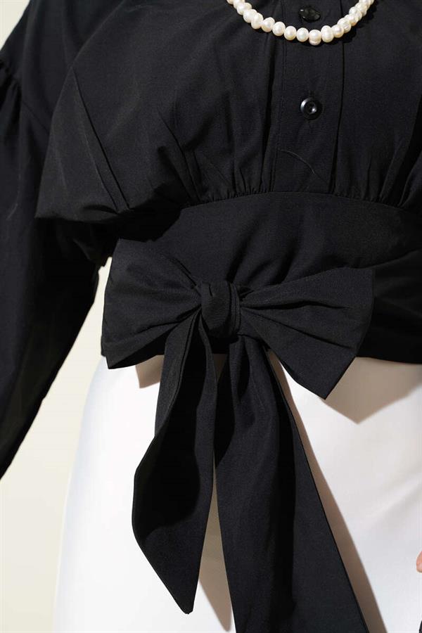 Half Buttoned Tie Short Shirt Black