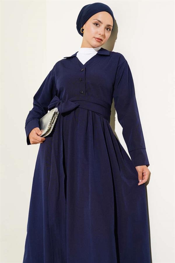 Half-Buttoned Tied Terikoton Dress Navy Blue