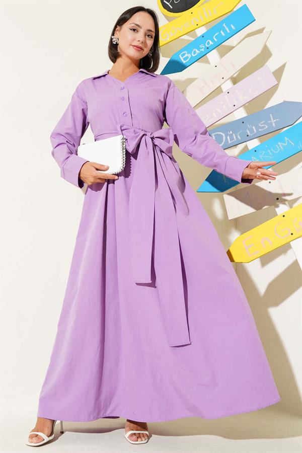 Half Buttoned Tied Terikoton Dress Lilac