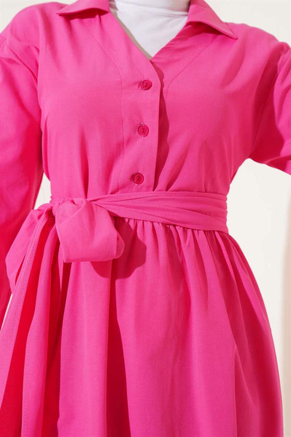 Half Buttoned Tied Terikoton Dress Fuchsia