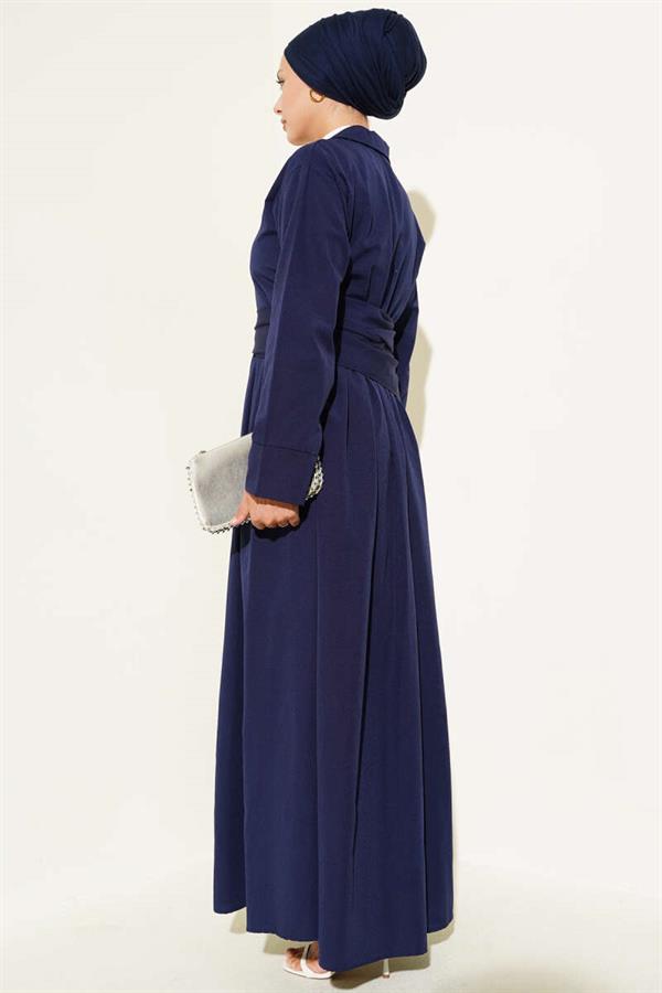 Half-Buttoned Tied Terikoton Dress Navy Blue