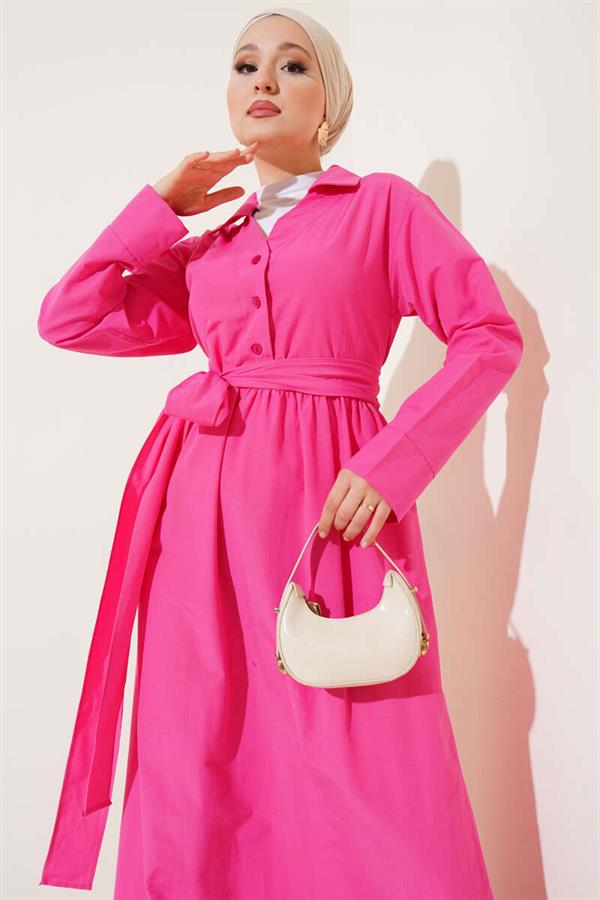 Half Buttoned Tied Terikoton Dress Fuchsia