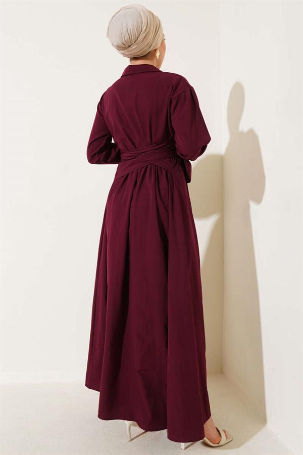 Half Buttoned Tied Terikoton Dress Burgundy