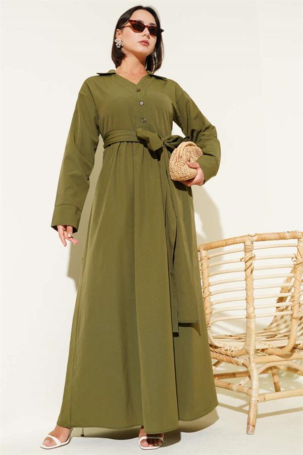 Half Buttoned Tied Terikoton Dress Khaki