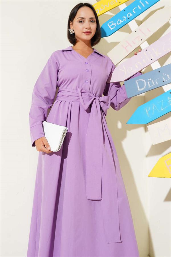 Half Buttoned Tied Terikoton Dress Lilac
