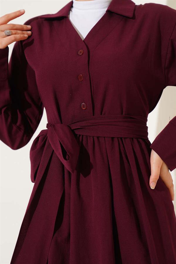 Half Buttoned Tied Terikoton Dress Burgundy
