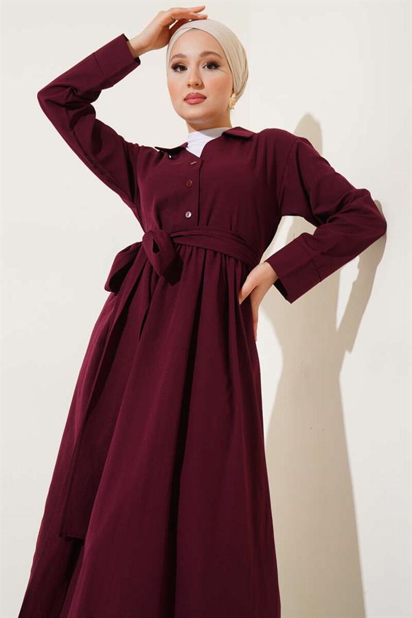 Half Buttoned Tied Terikoton Dress Burgundy