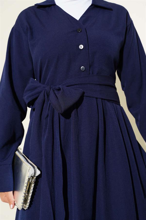 Half-Buttoned Tied Terikoton Dress Navy Blue