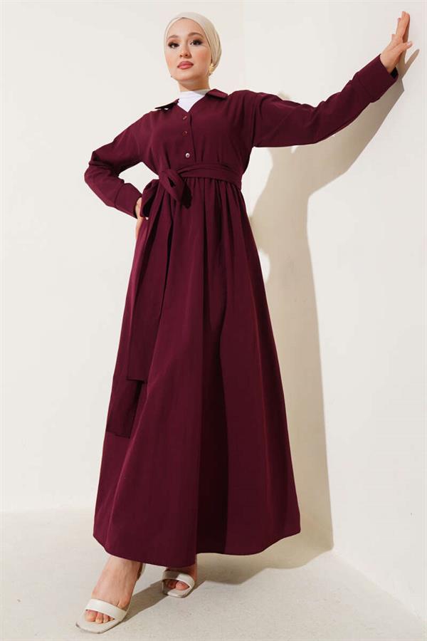 Half Buttoned Tied Terikoton Dress Burgundy