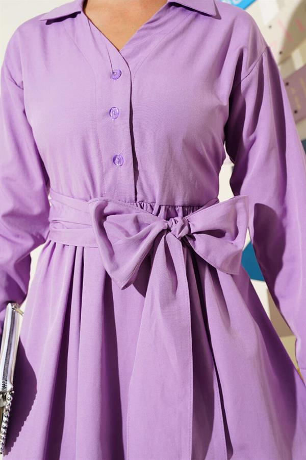 Half Buttoned Tied Terikoton Dress Lilac