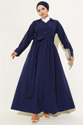 Half-Buttoned Tied Terikoton Dress Navy Blue