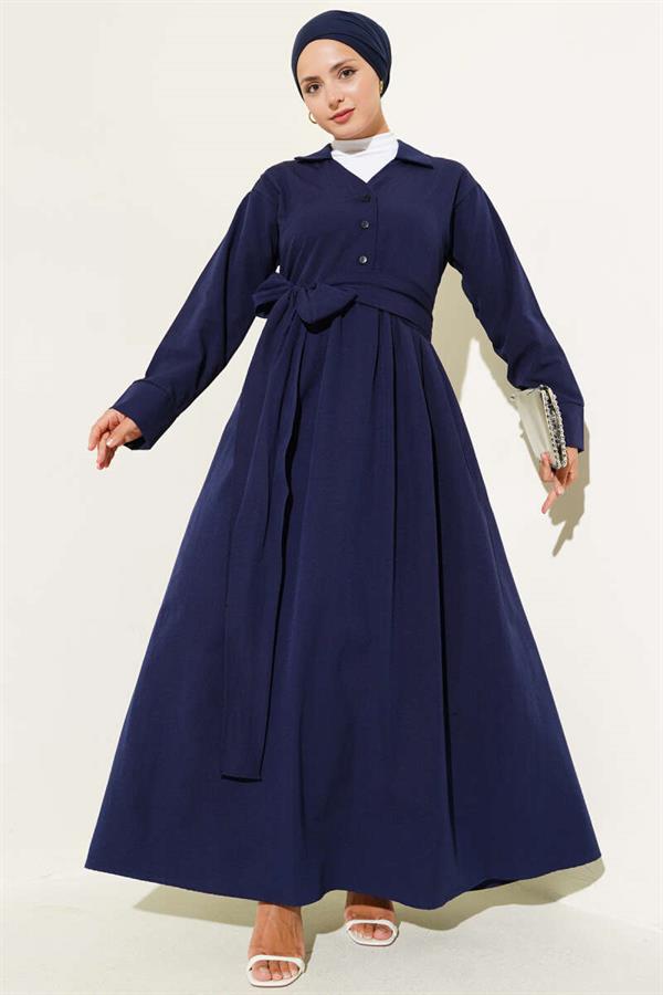 Half-Buttoned Tied Terikoton Dress Navy Blue