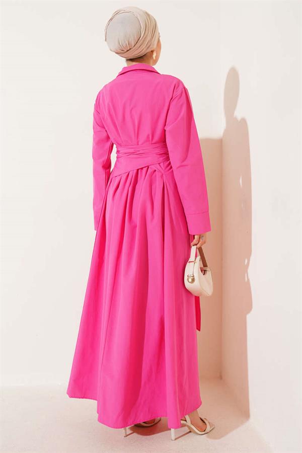 Half Buttoned Tied Terikoton Dress Fuchsia