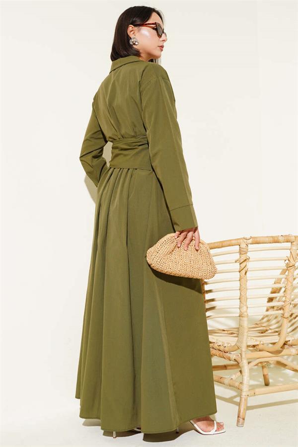 Half Buttoned Tied Terikoton Dress Khaki