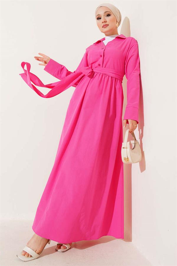 Half Buttoned Tied Terikoton Dress Fuchsia